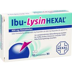 Packung eines Schmerzmittels namens Ibu-LysinHEXAL mit 10 Filmtabletten.