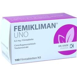 Eine weiße Medikamentenschachtel mit lila Akzenten und der Aufschrift "Femikliman UNO".